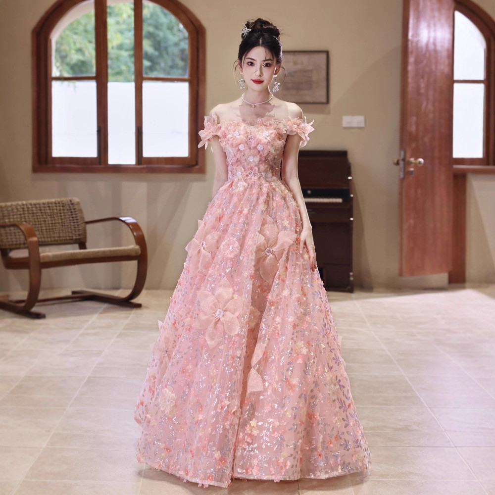 ピンク オフショルダー 立体花 ロング カラードレス 上品 綺麗 ウェディング パーティー 演奏会 二次会 AK226