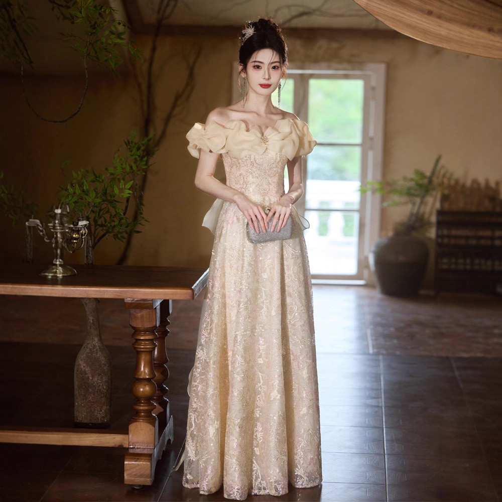 シャンパン色 オフショルダー 立体花 ロング カラードレス 綺麗 ウェディング パーティー 演奏会 二次会 AK228