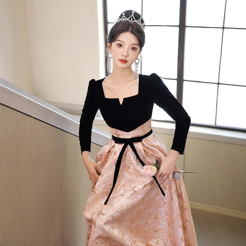 ピンク 長袖 花 ロング カラードレス プリンセス 綺麗 高級感 ウェディング パーティー 演奏会 二次会 AK230