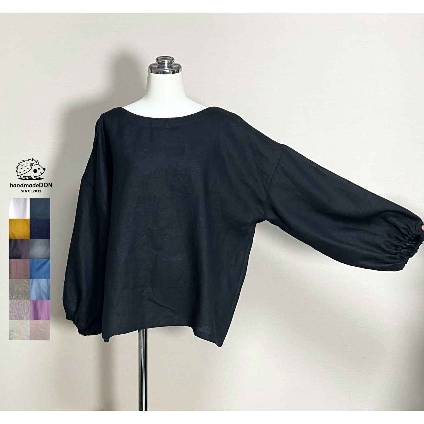 カラーリネン◆エアスリーブブラウス◆黒◆フリーサイズ（中厚、リネン100％）