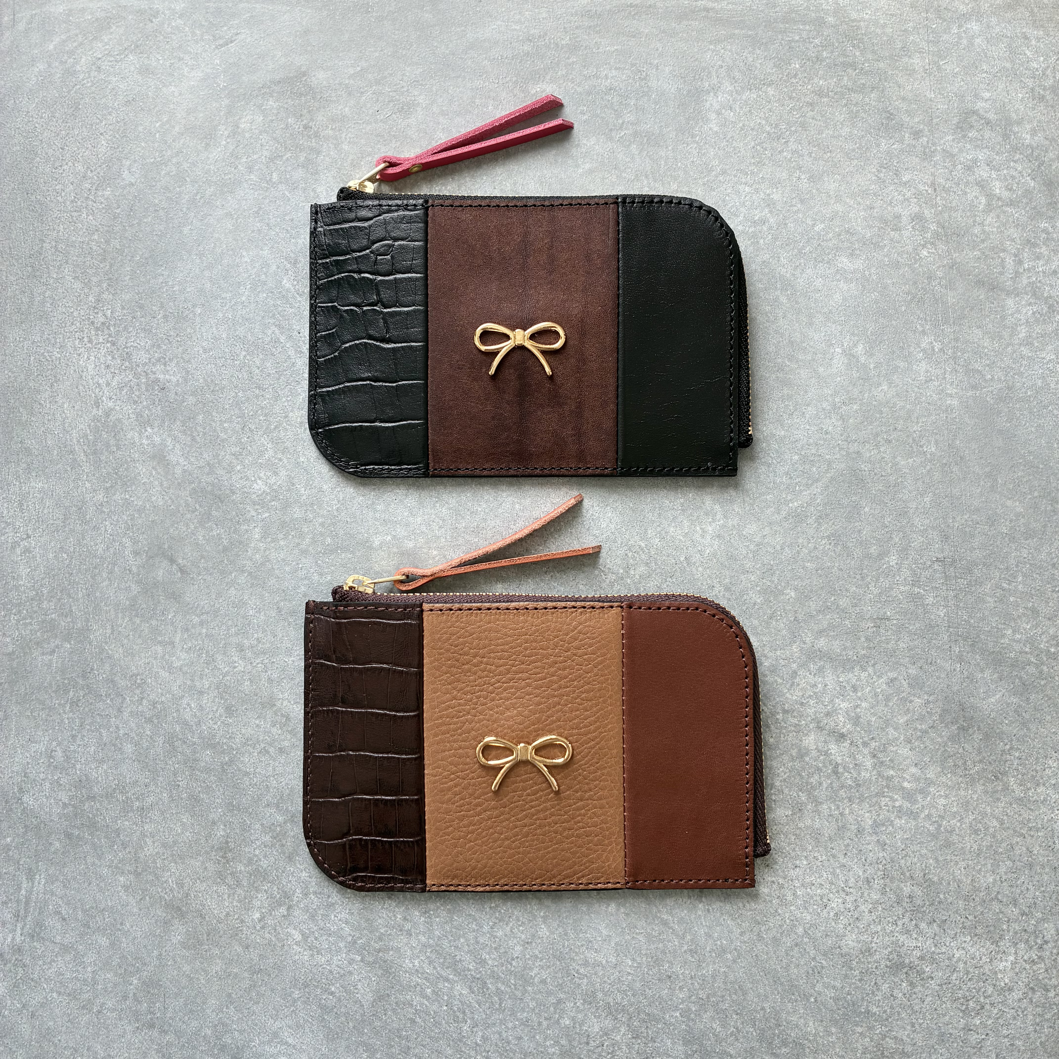 ◆3種のレザーに輝くゴールドリボンの薄型ウォレット◆ レディース　薄型　スリム　りぼん　可愛い　ミニウォレット　ギフト