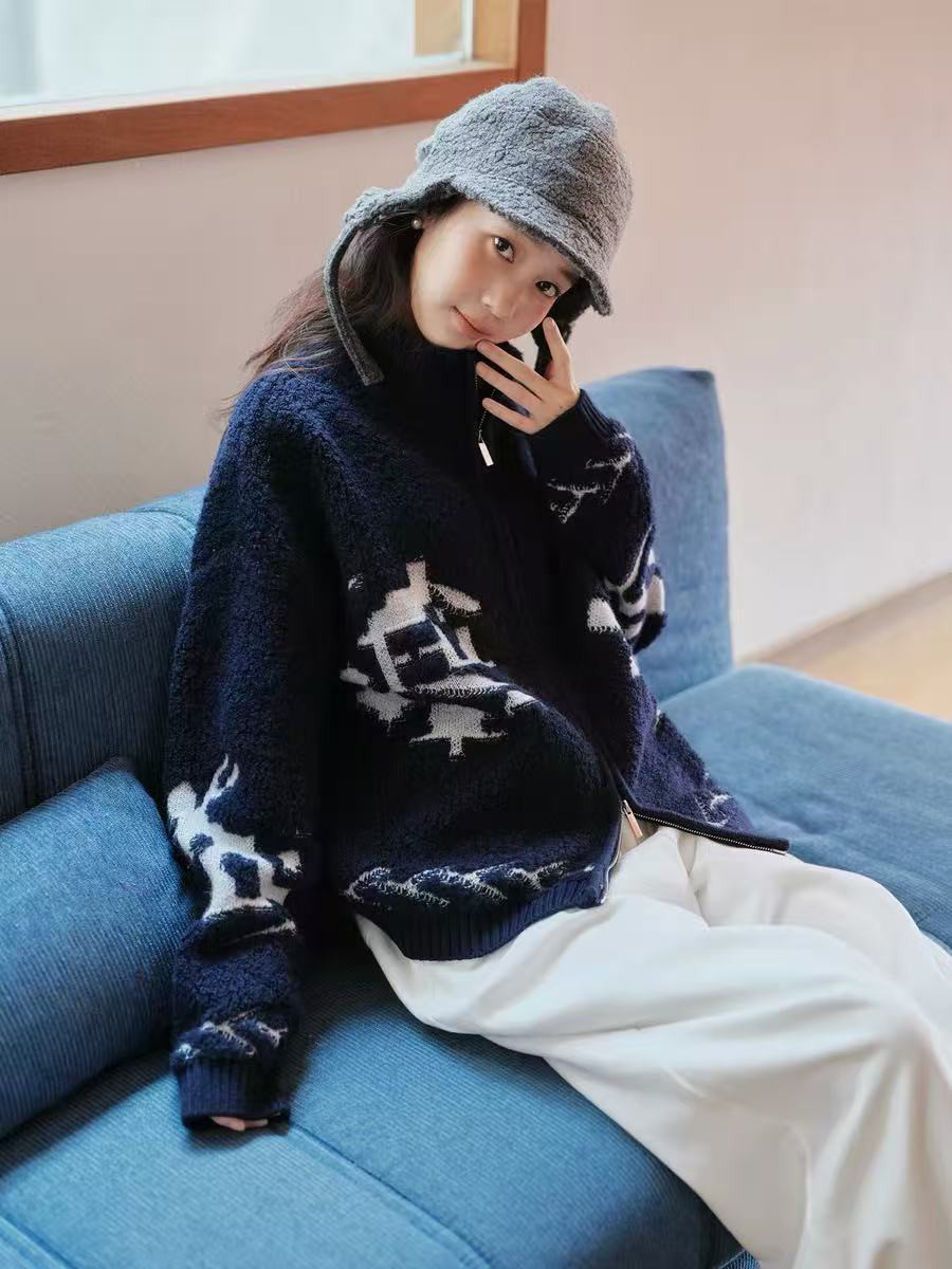 スタンドカラーカーディガン 　ジャガードカーディガン 　ウール100%　　２色