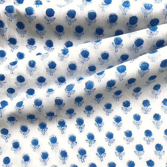 インド ブロックプリント生地 [50cm単位切売] サンガネリ ティニーフラワー ブルー 花 小花 SA IF0396 1枚目の画像