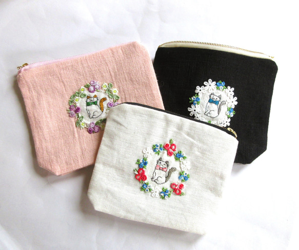 花咲く窓辺の猫ポーチ さくら色Ａ 8枚目の画像