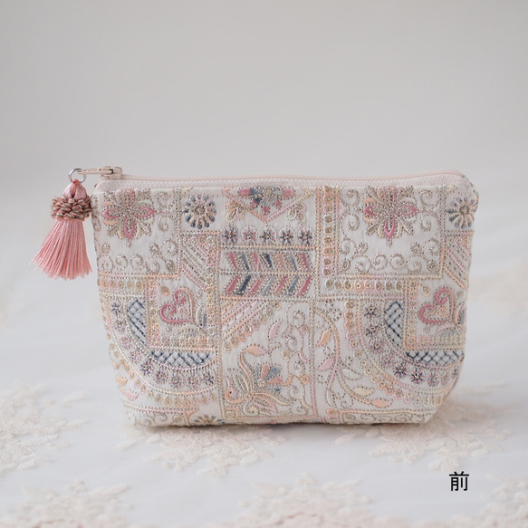 インド刺繍生地 ポーチ・ フラワーベージュ系（PK/GY）・ インド刺繍ファブリック 5枚目の画像