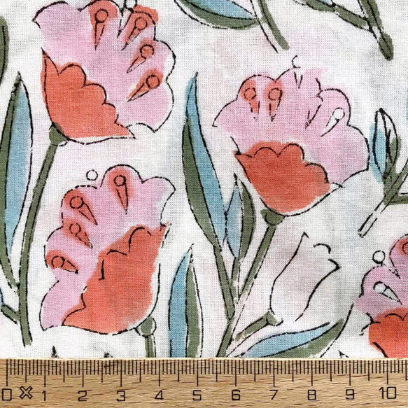 インド ブロックプリント生地 [50cm単位切売] サンガネリ ピンクフラワー on ホワイト 花 SA IF0397 3枚目の画像