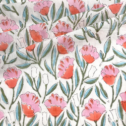 インド ブロックプリント生地 [50cm単位切売] サンガネリ ピンクフラワー on ホワイト 花 SA IF0397 1枚目の画像