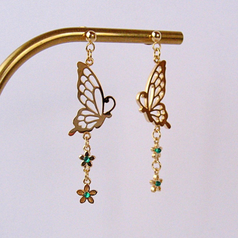 蝶とお花のスタッドピアス（sv925素材/18Kゴールドメッキver.）No.3-3g