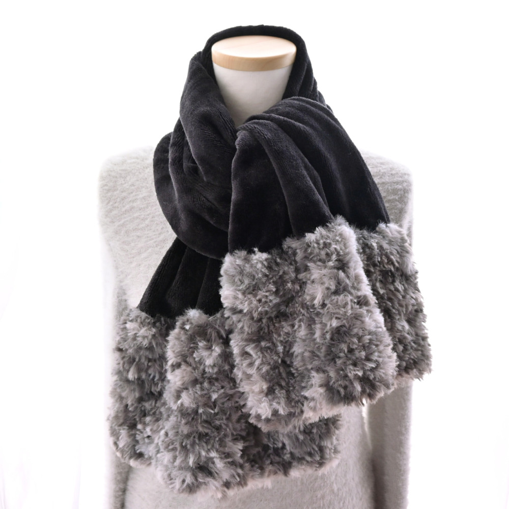 極上 ふわとろ ベロア×ふわふわファー＊マフラー《ブラック》