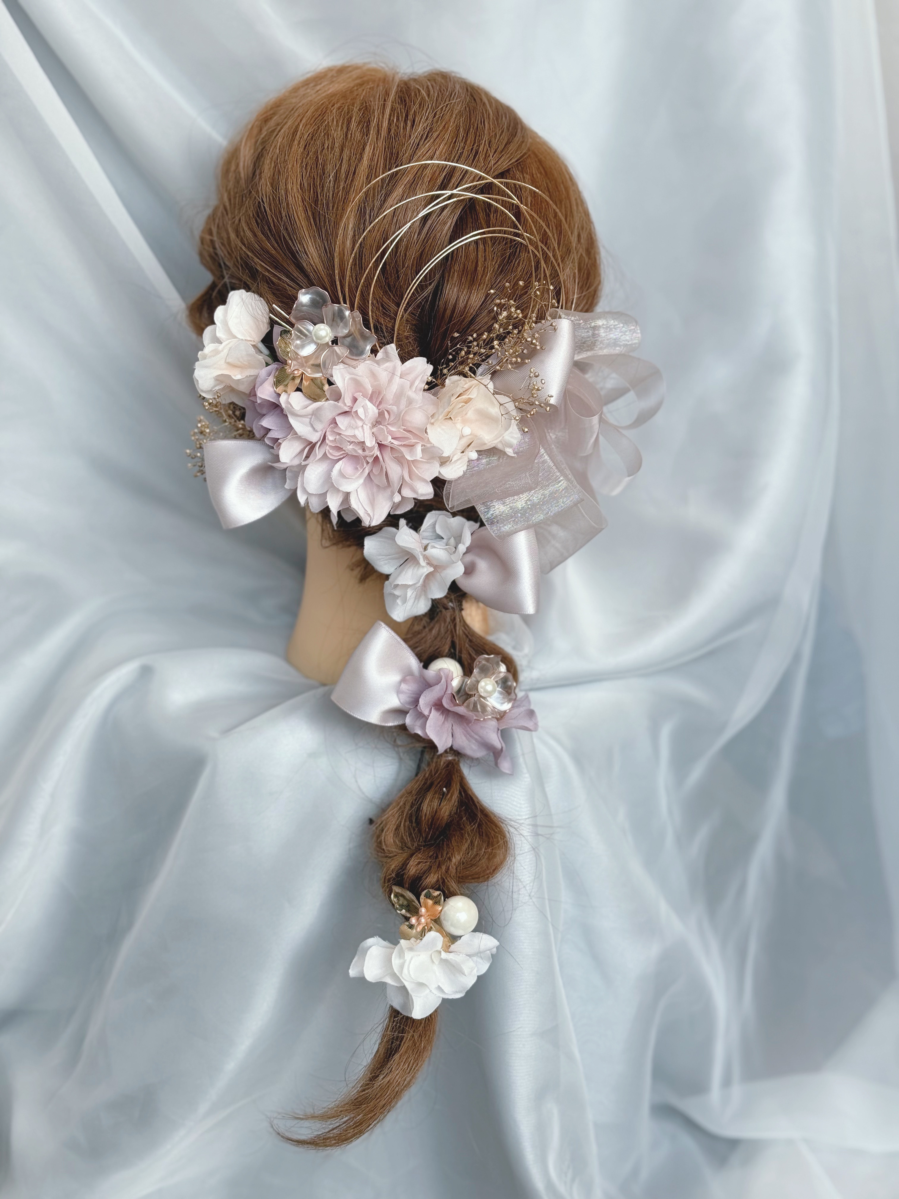 【新作⁎⁺˳✧༚】ワントーンピンクベージュ紫たっぷりリボンの髪飾り　成人式　結婚式　成人式ヘア