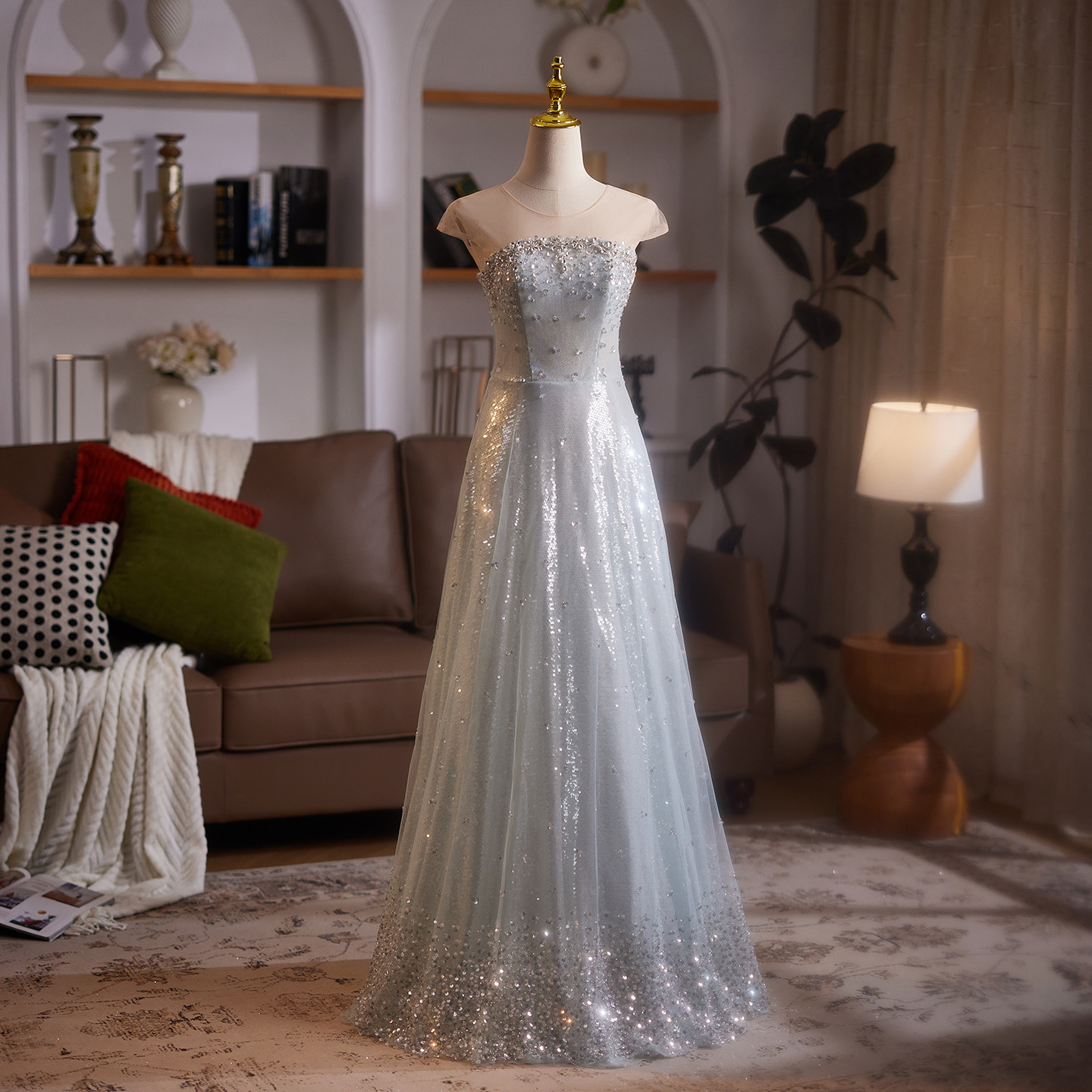 高級感 グレー オフショルダー きらきら ウェディングドレス パーティー 演奏会 二次会 前撮り 披露宴 09091