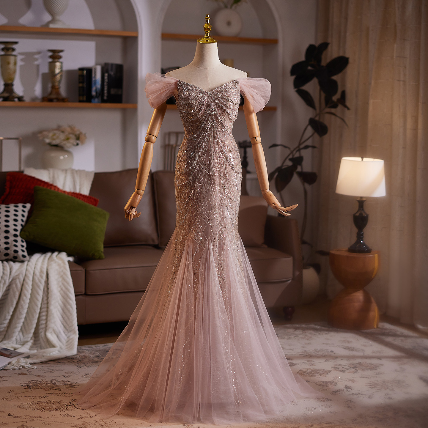 高級感 ピンク オフショルダー スパンコール マーメイドドレス パーティー 演奏会 二次会 前撮り 披露宴 09090