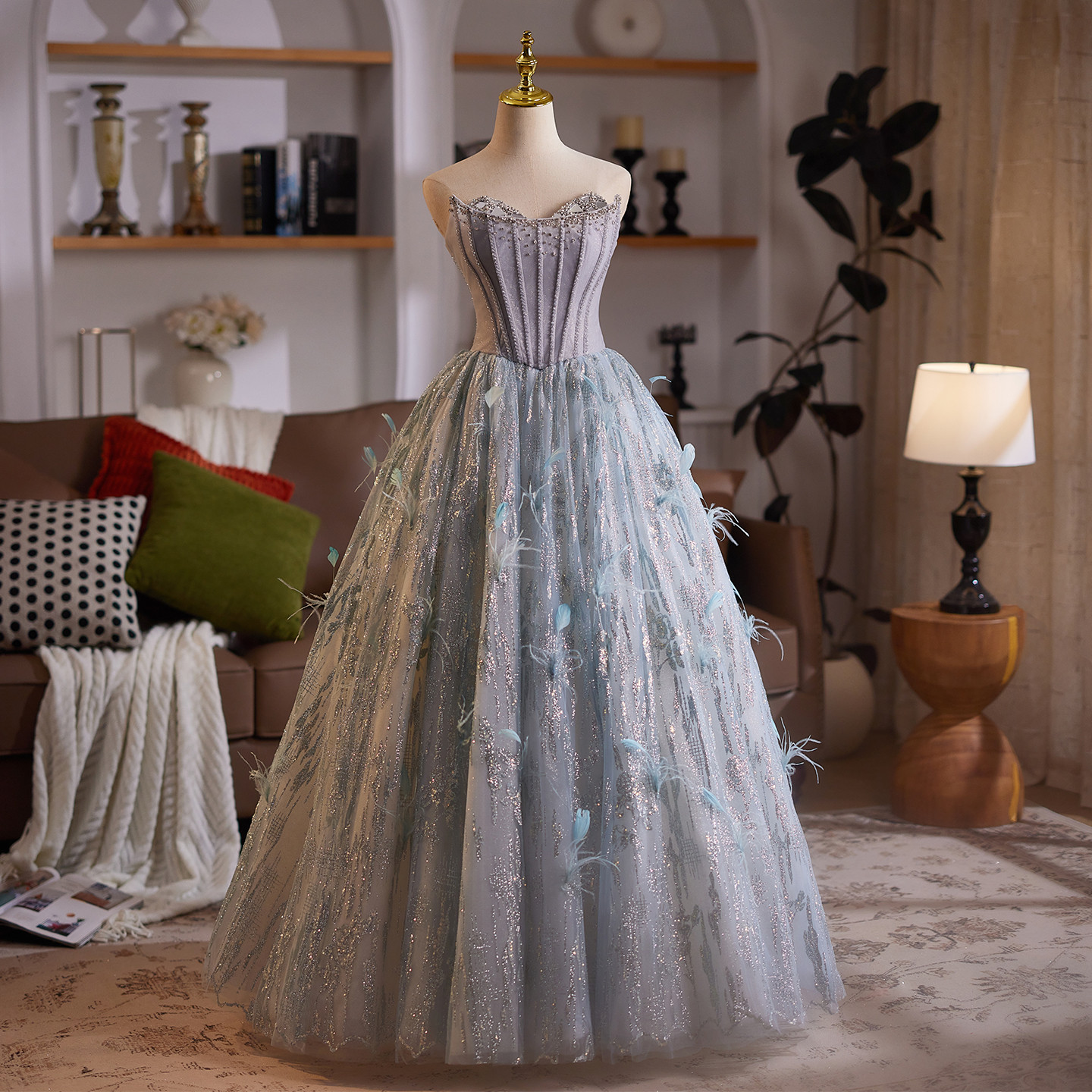 高級感 グレー きらきら ウェディングドレス プリンセス パーティー 演奏会 二次会 前撮り 披露宴 09089