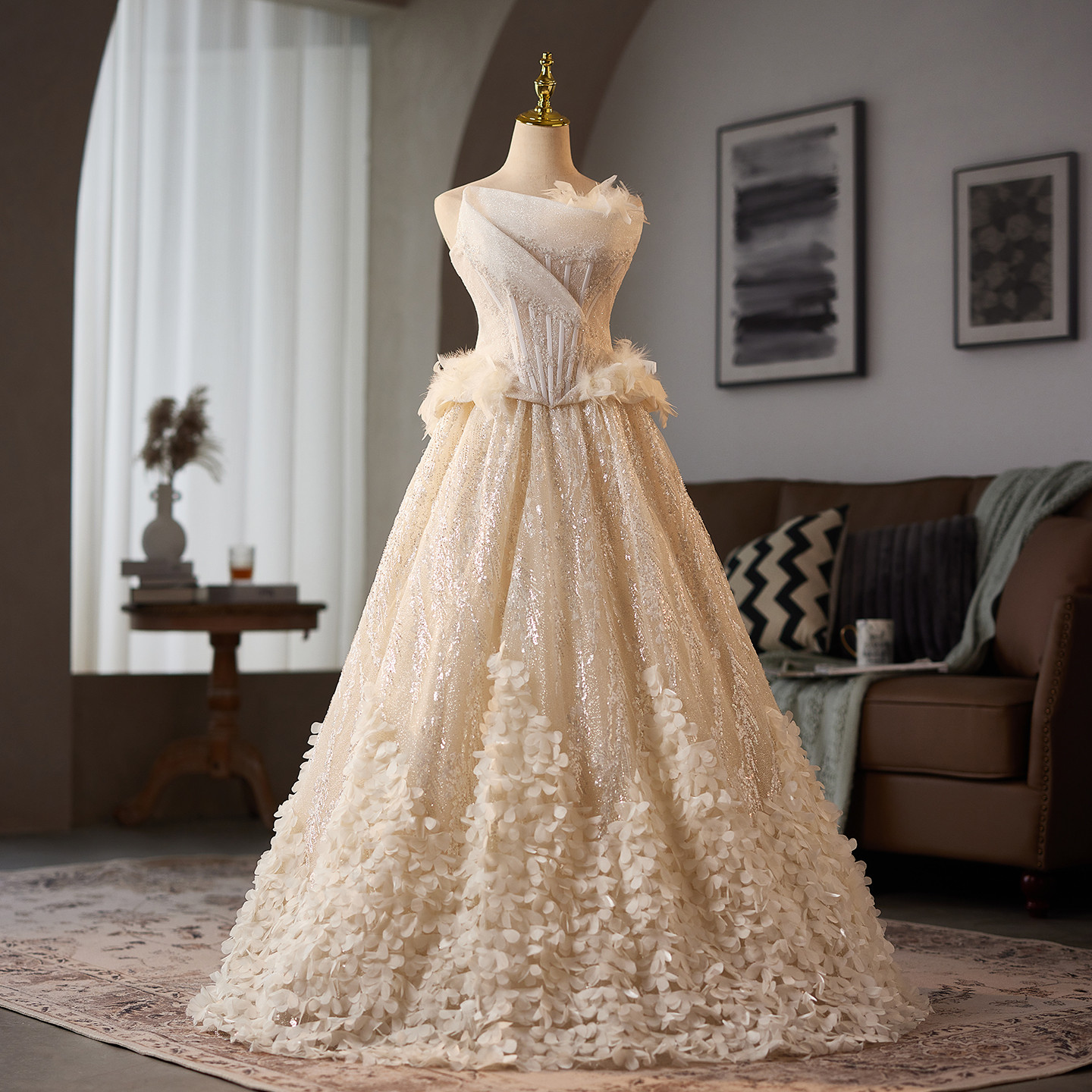 綺麗 シャンパン色 花 ふわふわ ウェディングドレス プリンセス パーティー 演奏会 二次会 前撮り 披露宴 09088