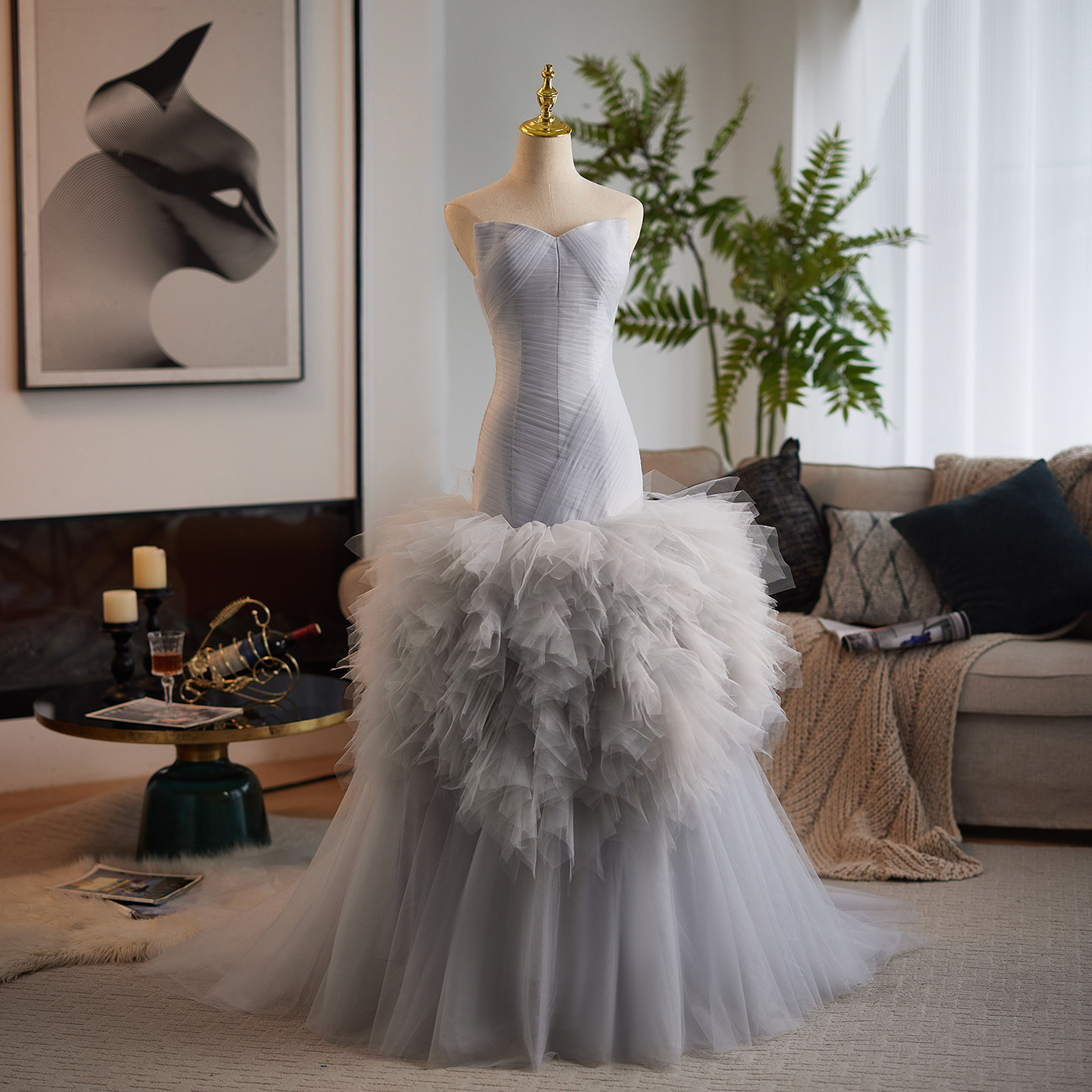豪華 綺麗 グレー ふわふわ ウェディングドレス プリンセス パーティー 演奏会 二次会 前撮り 披露宴 09085