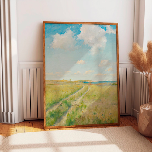 風景画 クラシックカー 青空 青空と草原風景画 海 アートポスター アンティークポスター 青 緑 春夏
