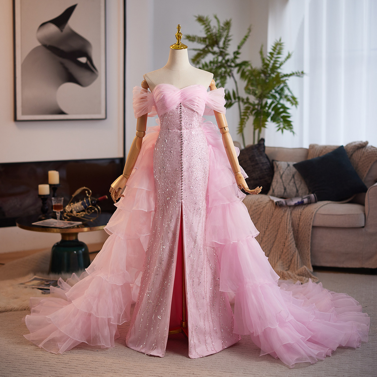 綺麗 ピンク オフショルダー スパンコール ウェディングドレス パーティー 演奏会 二次会 前撮り 披露宴 09082