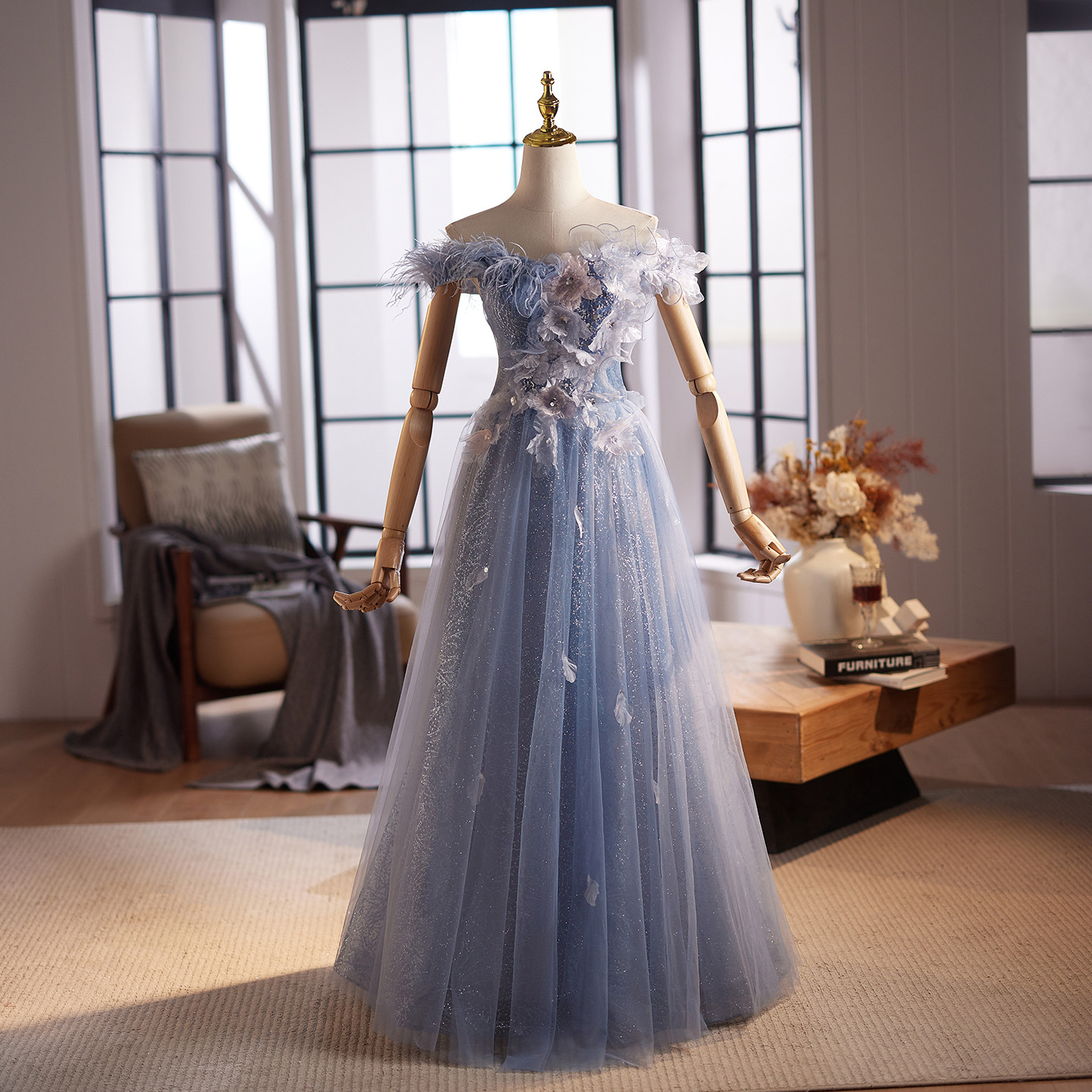 高級感 青 オフショルダー 花 スパンコール ウェディングドレス パーティー 演奏会 二次会 前撮り 披露宴 09080