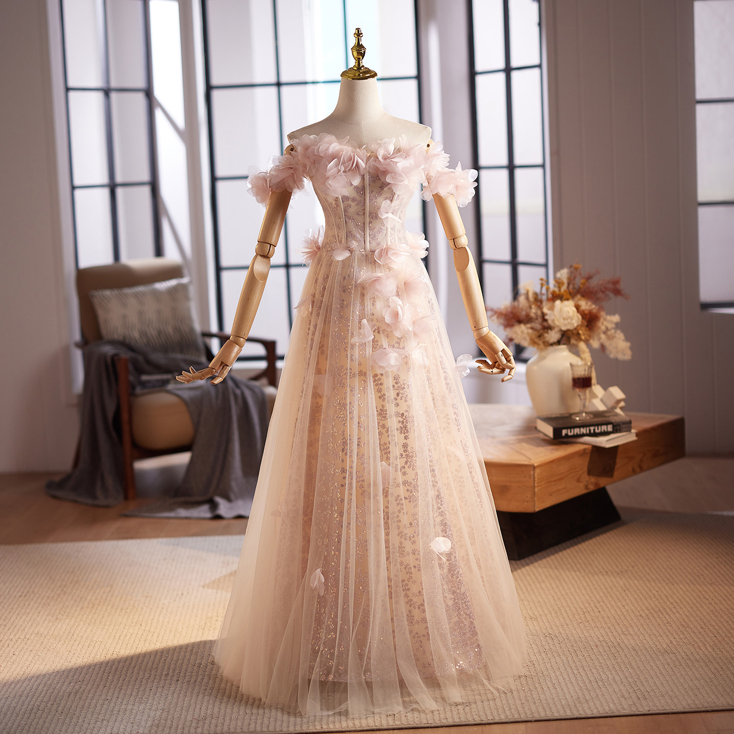 薄ピンク オフショルダー 花 スパンコール ウェディングドレス パーティー 演奏会 二次会 前撮り 披露宴 09079