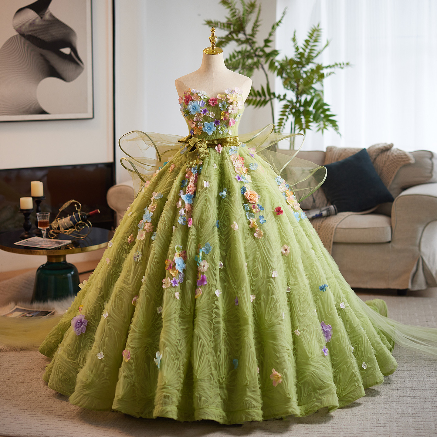 豪華 緑 ふわふわ 多色の花 ウェディングドレス プリンセス パーティー 演奏会 二次会 前撮り 披露宴 09078