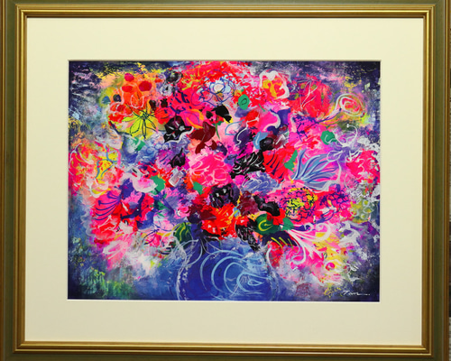 Flowers」(NO.2524) 6号F ケント紙（0.5ミリ厚)にアクリル絵の具 額