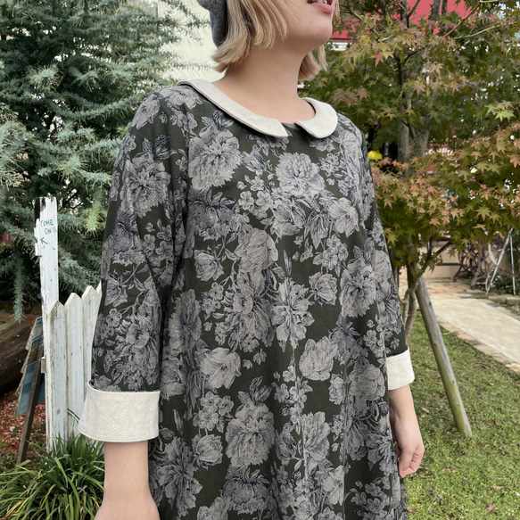 花柄コーデュロイの袖あらまワンピ（襟つき） 10枚目の画像