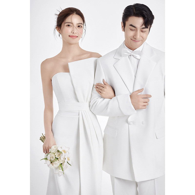 ノースリーブ 白 黒 サテン シンプル パーティードレス 韓国風 花嫁 パーティー 演奏会 二次会 前撮り HL238