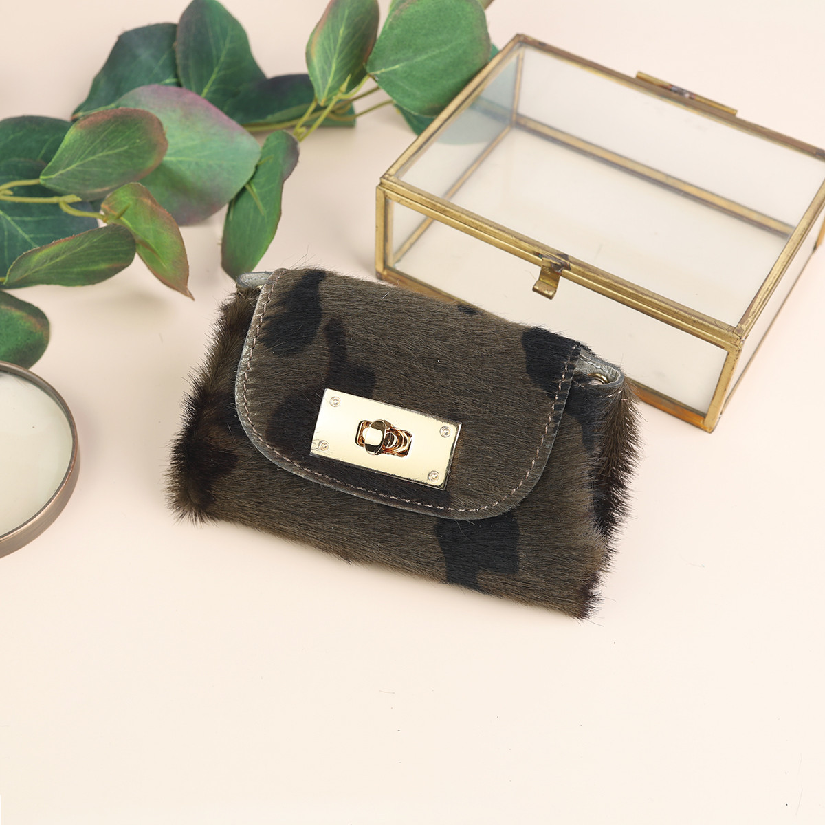 【毛付きカモ×カーキ/オールインミニウォレット】身軽にキメるミニ財布/コンパクト/ハラコ/イタリアンレザー【DOOON】