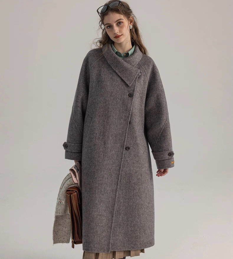 2wayスタントカラー　アシンメトリー　エレガント手縫いロングコート　ウエストベルト【冬春秋】グレー