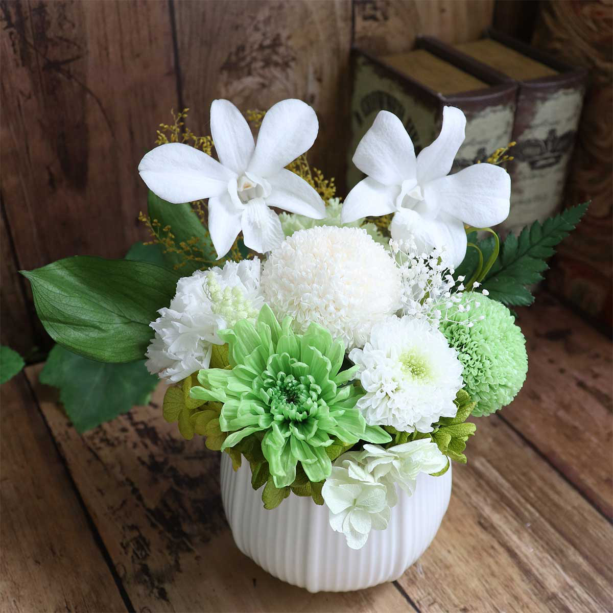 喪中見舞い お供え 花 お悔やみ 仏花 プリザーブドフラワー アレンジメント 「リーニュ（デンファレ）」