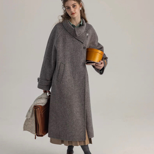 美品/高品質❤️レッキス❤️OLD ENGLAND ウールロングコート 2way 2wayスタントカラー アシンメトリー エレガント手縫いロングコート