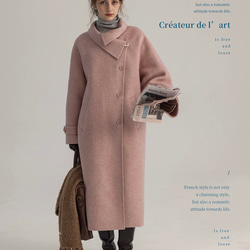 2wayスタントカラー　アシンメトリー　エレガント手縫いロングコート　ウエストベルト【冬春秋】グレイッシュピンク 10枚目の画像