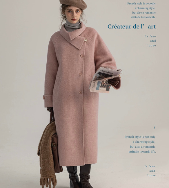 2wayスタントカラー　アシンメトリー　エレガント手縫いロングコート　ウエストベルト【冬春秋】グレイッシュピンク 10枚目の画像