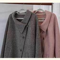 2wayスタントカラー　アシンメトリー　エレガント手縫いロングコート　ウエストベルト【冬春秋】グレイッシュピンク 14枚目の画像