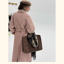 2wayスタントカラー　アシンメトリー　エレガント手縫いロングコート　ウエストベルト【冬春秋】グレイッシュピンク 11枚目の画像