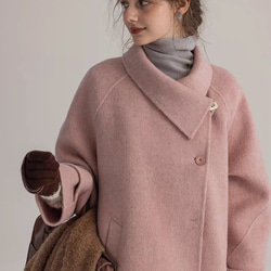 2wayスタントカラー　アシンメトリー　エレガント手縫いロングコート　ウエストベルト【冬春秋】グレイッシュピンク 2枚目の画像