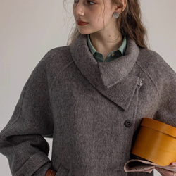 2wayスタントカラー　アシンメトリー　エレガント手縫いロングコート　ウエストベルト【冬春秋】グレイッシュピンク 12枚目の画像