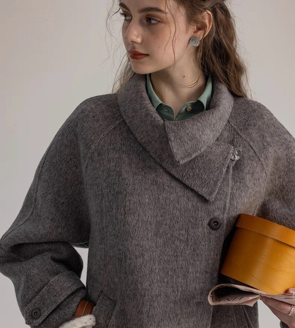 2wayスタントカラー　アシンメトリー　エレガント手縫いロングコート　ウエストベルト【冬春秋】グレイッシュピンク 12枚目の画像