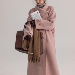 2wayスタントカラー　アシンメトリー　エレガント手縫いロングコート　ウエストベルト【冬春秋】グレイッシュピンク 15枚目の画像