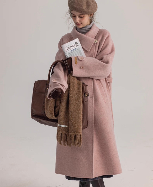 2wayスタントカラー　アシンメトリー　エレガント手縫いロングコート　ウエストベルト【冬春秋】グレイッシュピンク 15枚目の画像