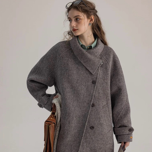 2wayスタントカラー アシンメトリー エレガント手縫いロングコート