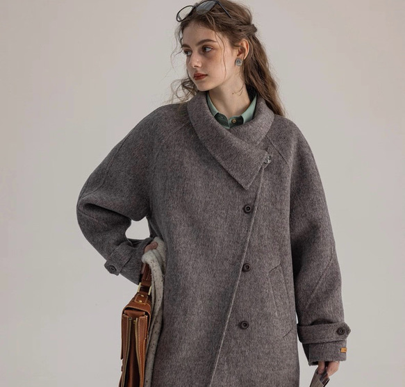 2wayスタントカラー　アシンメトリー　エレガント手縫いロングコート　ウエストベルト【冬春秋】グレイッシュピンク 8枚目の画像