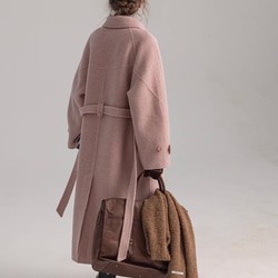 2wayスタントカラー　アシンメトリー　エレガント手縫いロングコート　ウエストベルト【冬春秋】グレイッシュピンク 5枚目の画像