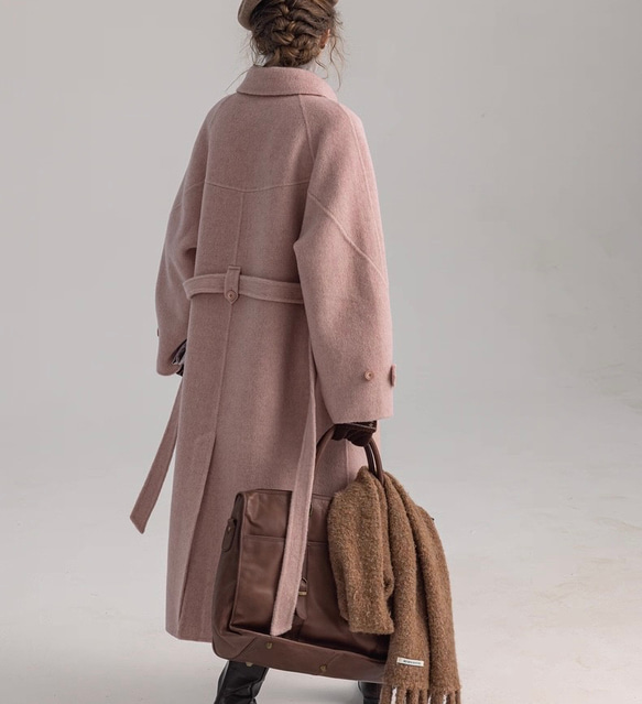 2wayスタントカラー　アシンメトリー　エレガント手縫いロングコート　ウエストベルト【冬春秋】グレイッシュピンク 5枚目の画像