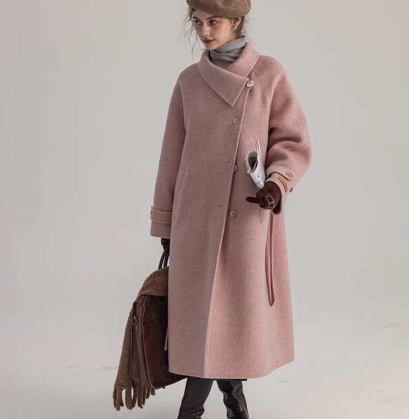 2wayスタントカラー　アシンメトリー　エレガント手縫いロングコート　ウエストベルト【冬春秋】グレイッシュピンク 1枚目の画像
