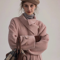 2wayスタントカラー　アシンメトリー　エレガント手縫いロングコート　ウエストベルト【冬春秋】グレイッシュピンク 9枚目の画像