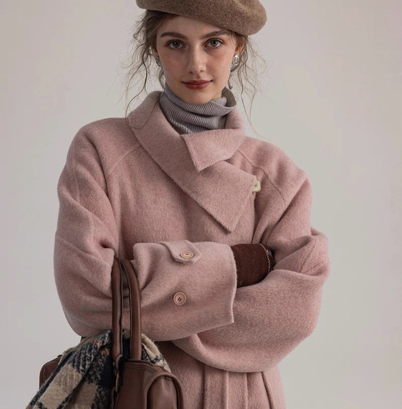 2wayスタントカラー　アシンメトリー　エレガント手縫いロングコート　ウエストベルト【冬春秋】グレイッシュピンク 9枚目の画像