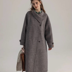 2wayスタントカラー　アシンメトリー　エレガント手縫いロングコート　ウエストベルト【冬春秋】グレイッシュピンク 7枚目の画像