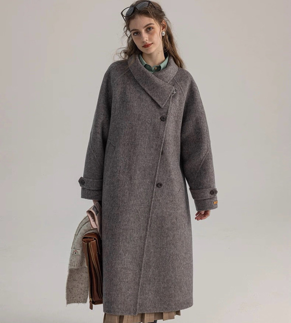 2wayスタントカラー　アシンメトリー　エレガント手縫いロングコート　ウエストベルト【冬春秋】グレイッシュピンク 7枚目の画像