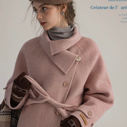 2wayスタントカラー　アシンメトリー　エレガント手縫いロングコート　ウエストベルト【冬春秋】グレイッシュピンク 3枚目の画像